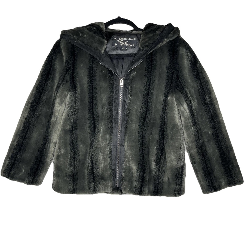 Kristen Blake Coat Womens PP / Petite 0 / 2 Black Gray Faux Fur WInter Holiday